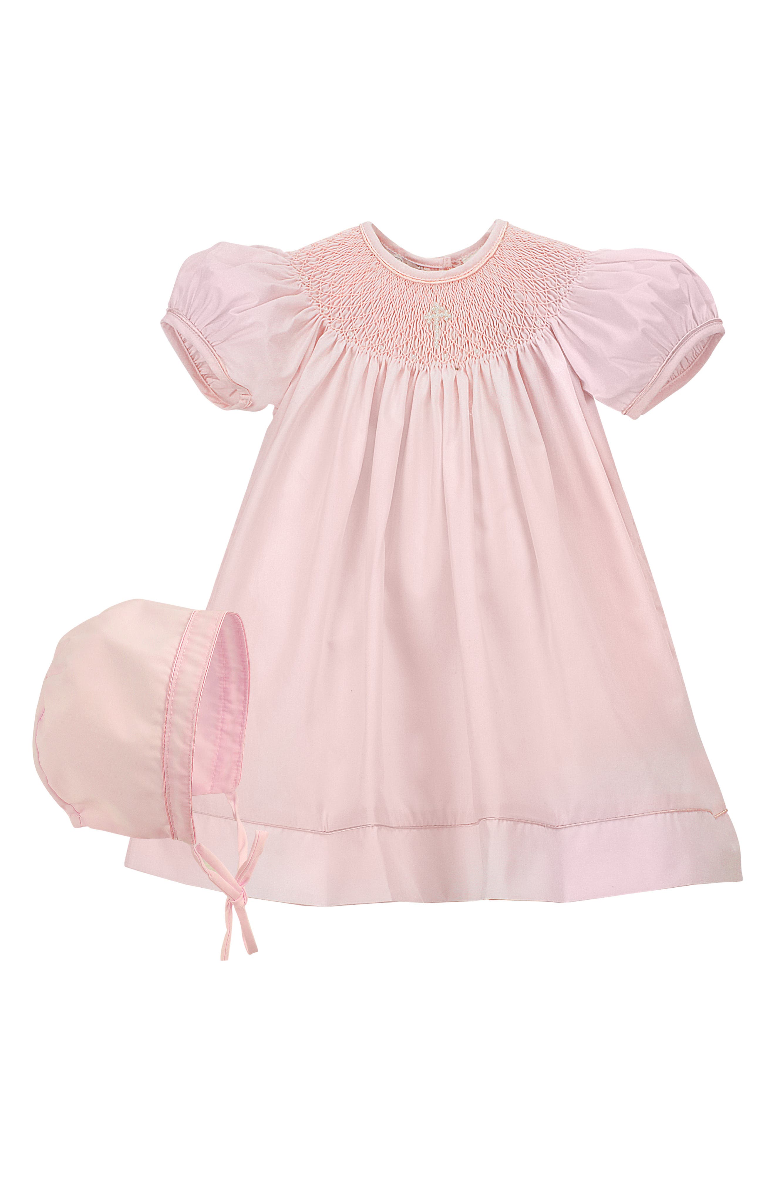 Cherish The Moment Girls Infant Christening White Gown with Pink Sash & Bonnet 